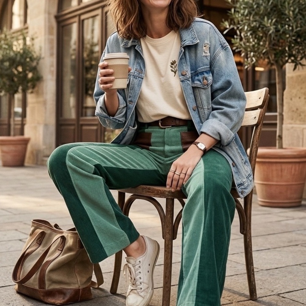 Sveti Stefan Green Colorblock Corduroy Wide Leg High Rise Trousers Size US 4 - Picture 10 of 10